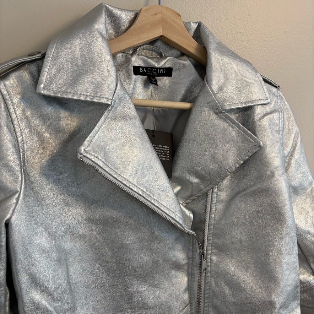Baccini Women's Metallic Silver Leather Jacket - Picture 2 of 10